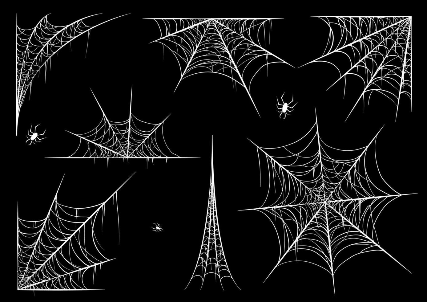 spiderweb set, isolerad på svart transparent bakgrund. spindelnät för halloween, spöklikt, läskigt, skräckinredning med spindlar. vektor