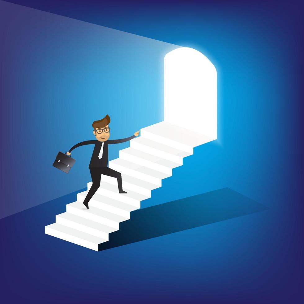 Geschäftsmann läuft die Treppe zur Tür hinauf. Wachstum des Geschäftskonzepts und der Weg zum Erfolg. Illustrator Vektor. vektor