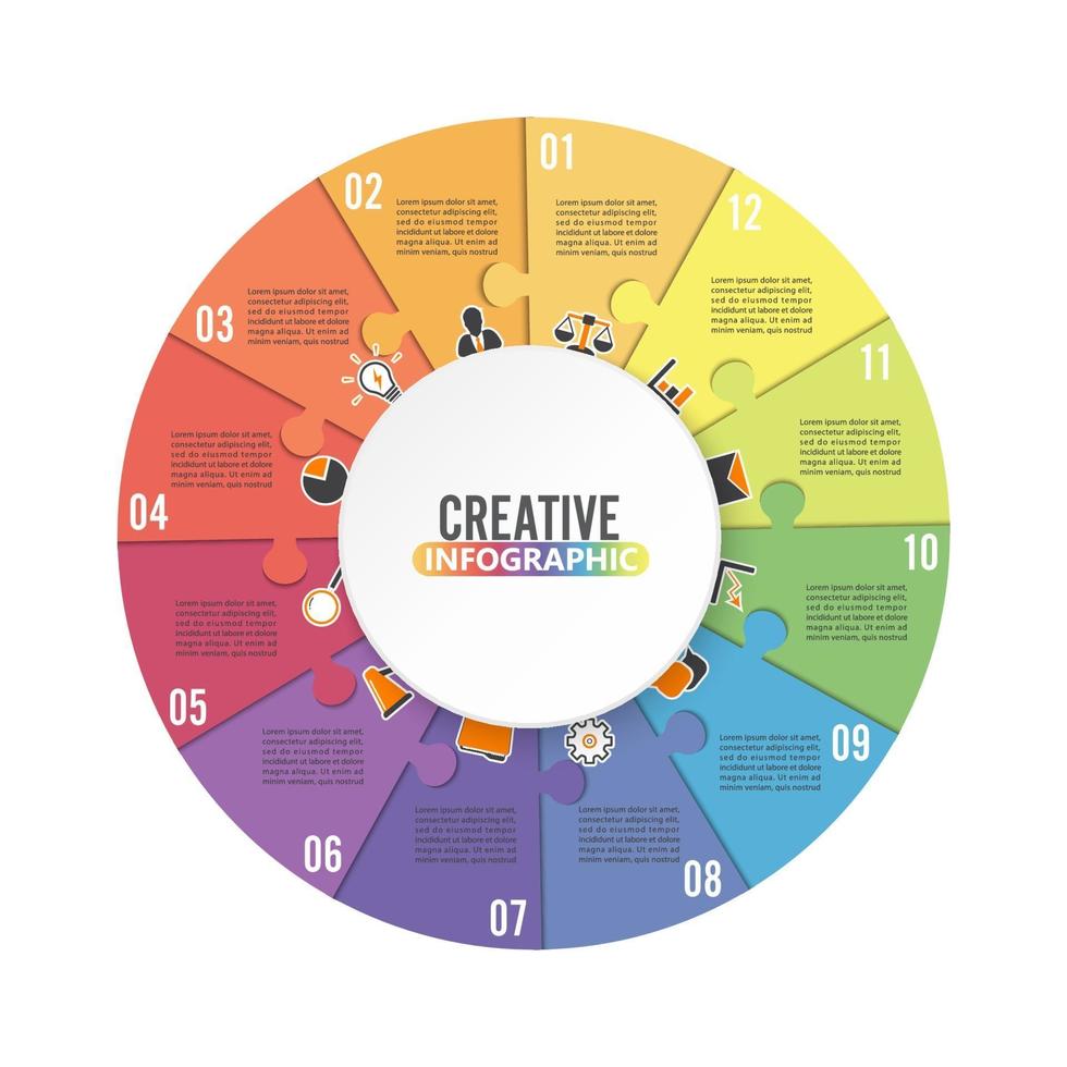 Kreisdiagramm-Infografik-Vorlage mit 12 Optionen für Präsentationen, Werbung, Layouts und Jahresberichte. vektor