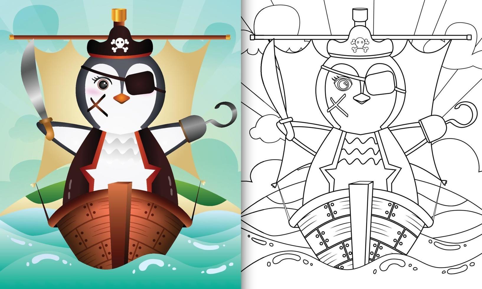 Malbuch für Kinder mit einer niedlichen Piratenpinguin-Charakterillustration vektor