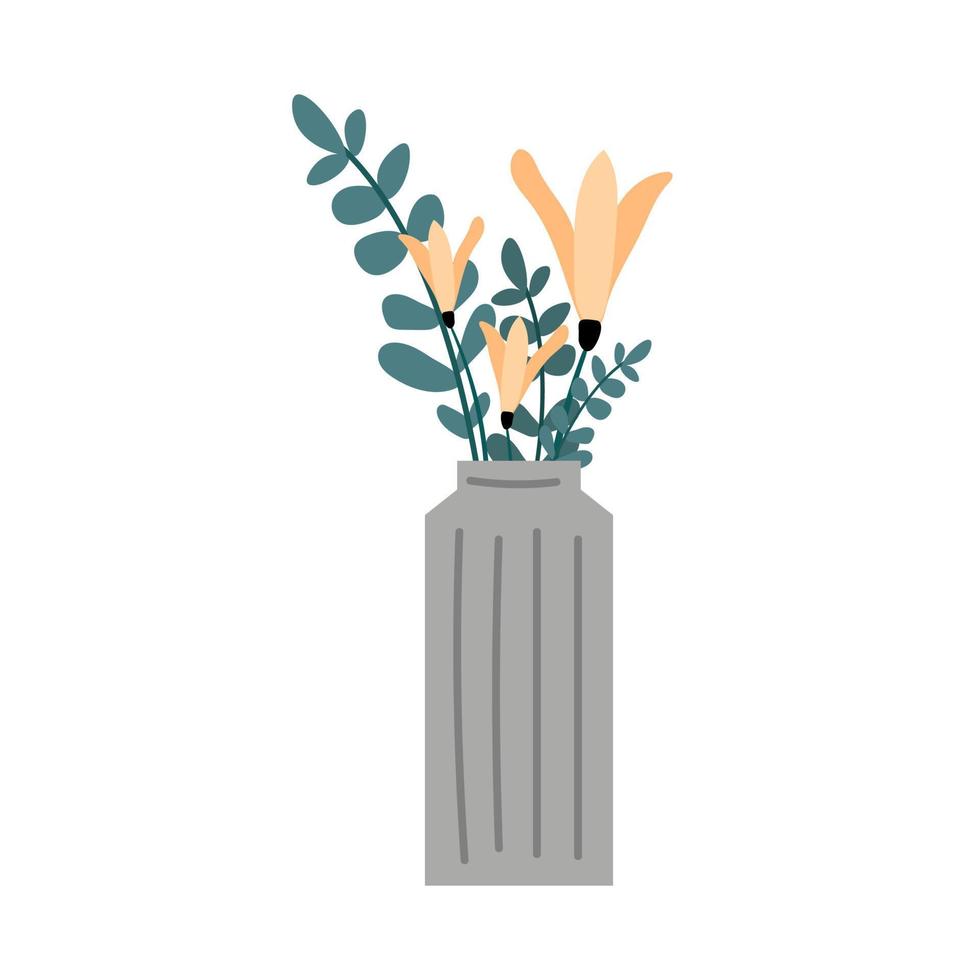 Strauß von Blumen im ein Vase. Vektor Illustration von Blumen im ein eben Stil. botanisch Thema. stilvoll Vase mit Gelb Blühen Blumen zum Innere Dekor. Weiß isoliert Hintergrund.