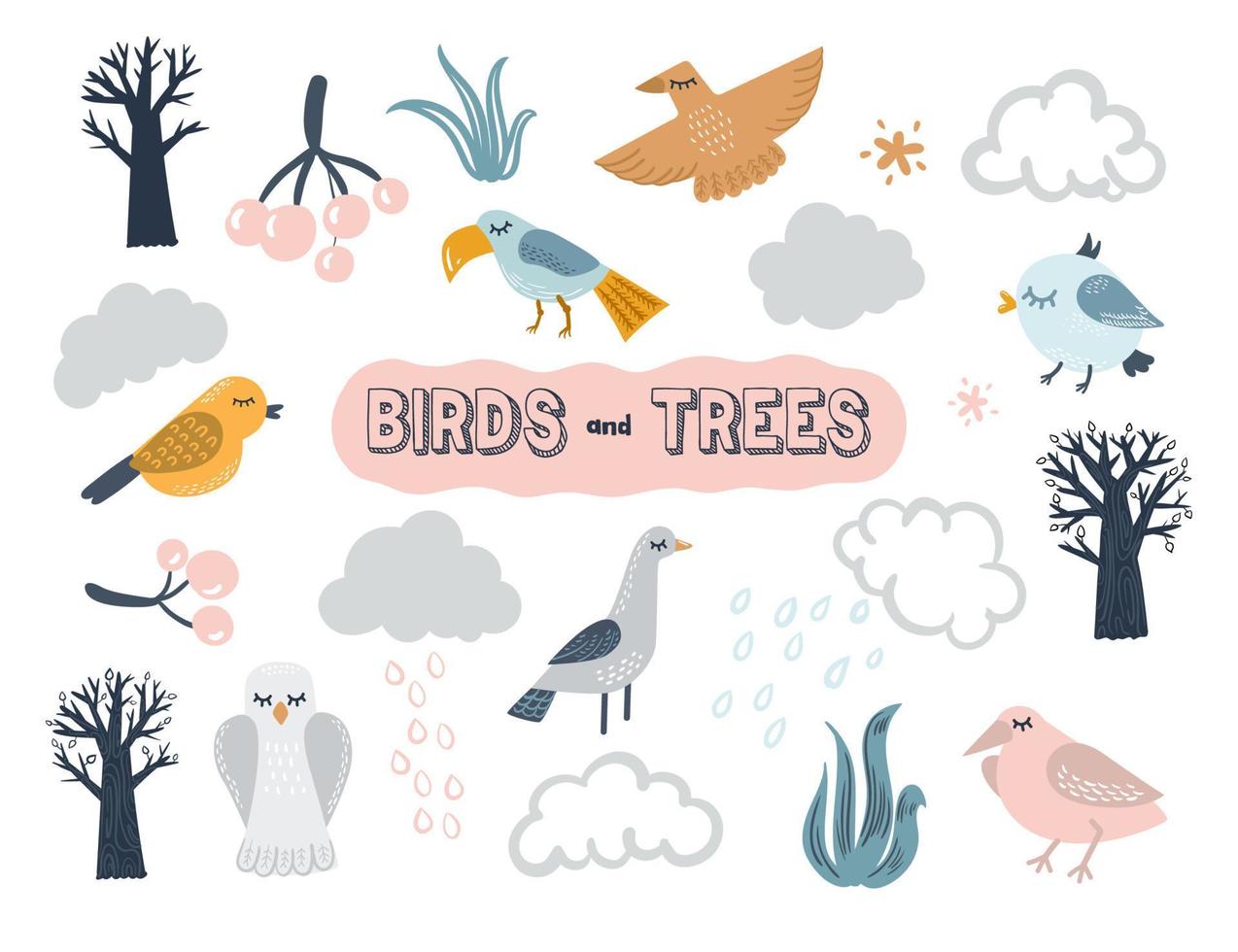 skandinavisch Vektor einstellen mit Vögel, Bäume und Wolken. Karikatur süß Illustration zum Kinder Design.