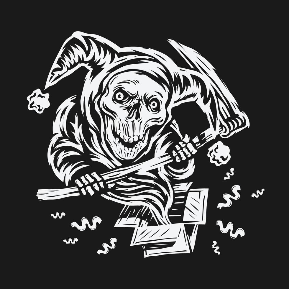 handritad april dårar dag vektor. skalle clown grim reaper konceptdesign vektor