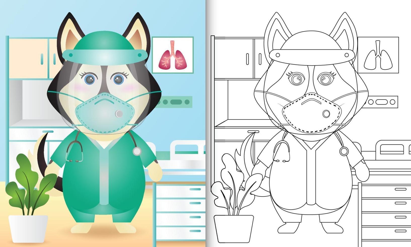 målarbok för barn med en söt husky hund karaktär illustration vektor