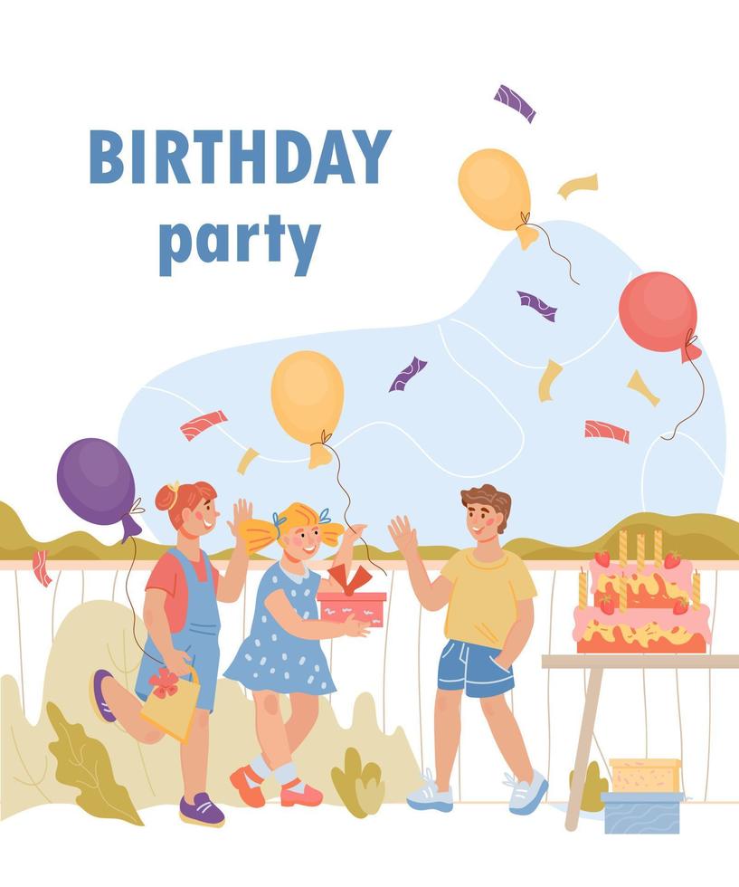 barn födelsedag fest baner eller affisch mall med tecknad serie ungar, platt vektor illustration. inbjudan layout till sommar bakgård födelsedag fest för barn.