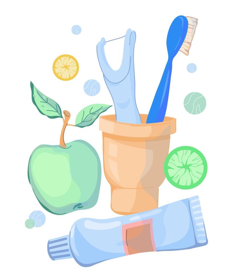 Oral Dental Hygiene liefert einschließlich Zahnbürste, Dental Zahnseide und Zahnpasta. Dental Pflege Kit zum gesund Zähne eben Vektor Illustration isoliert auf Weiß Hintergrund.