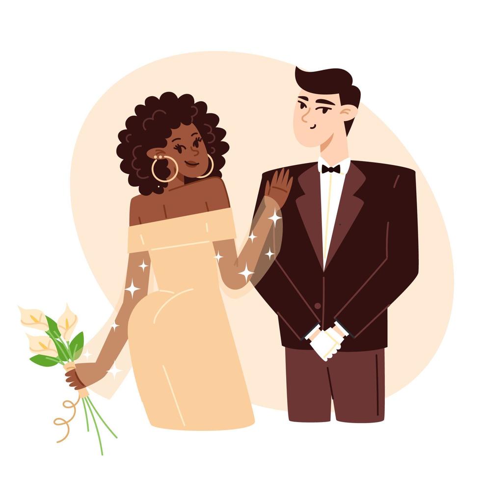 braut mit einem blumenstrauß und bräutigam bei der hochzeit, flache illustration vektor