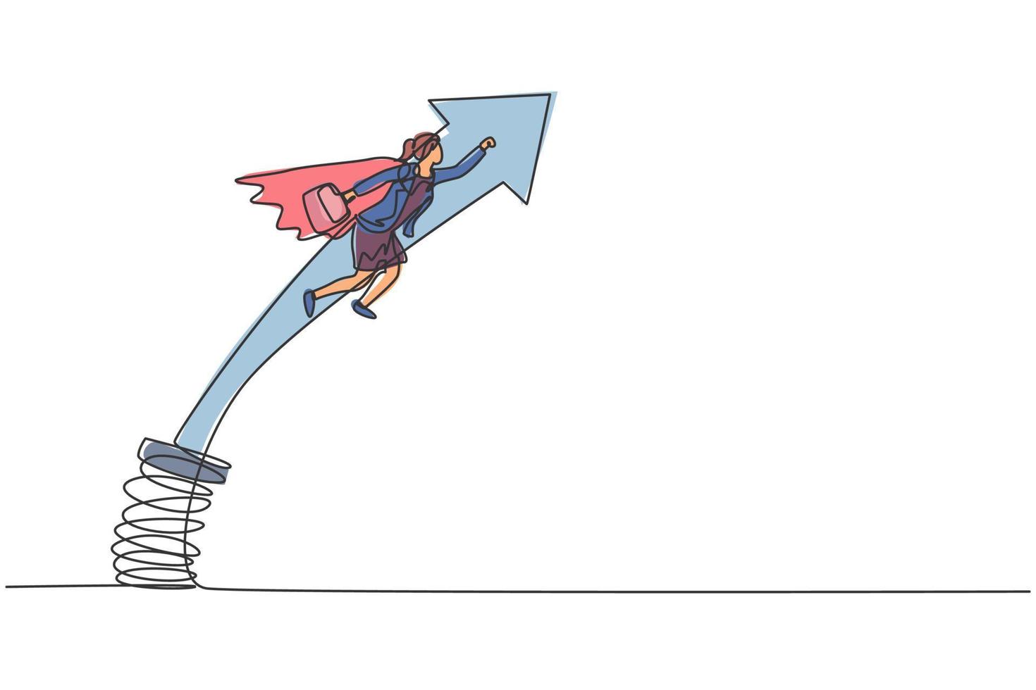 kontinuerlig enradsteckning av ung kvinnlig arbetare som flyger hoppande högt med metallfjäder. framgång affärschef minimalistisk metafor koncept. enkel linje rita design vektor grafisk illustration