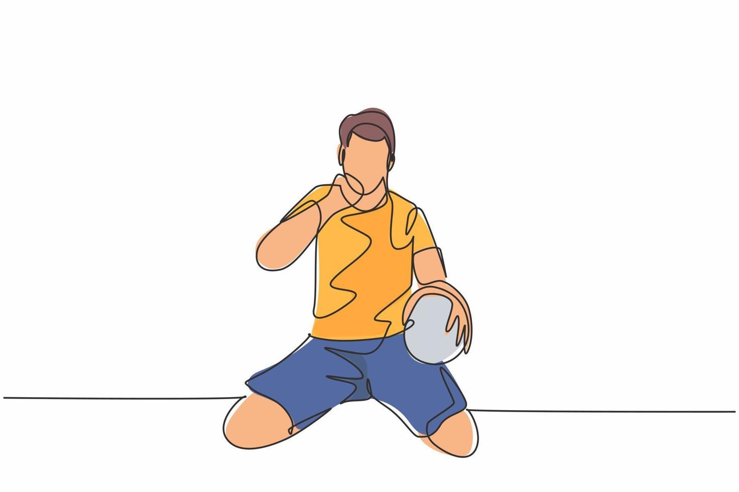 en kontinuerlig linje ritning av ung fotbollsspelare håller bollen till hands och slå näven mot himlen för att fira målet. mål poäng firande koncept enkel linje rita design vektor illustration