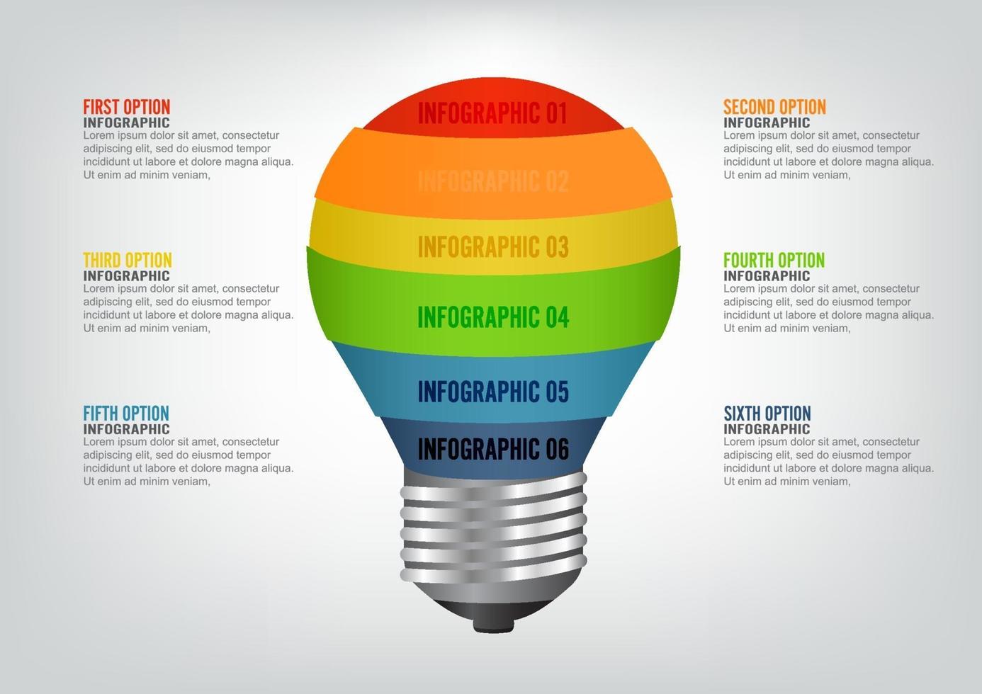 infografisk mall med glödlampa. vektor infographic formgivningsmall. affärsidé med 6 alternativ, delar, steg eller processer.