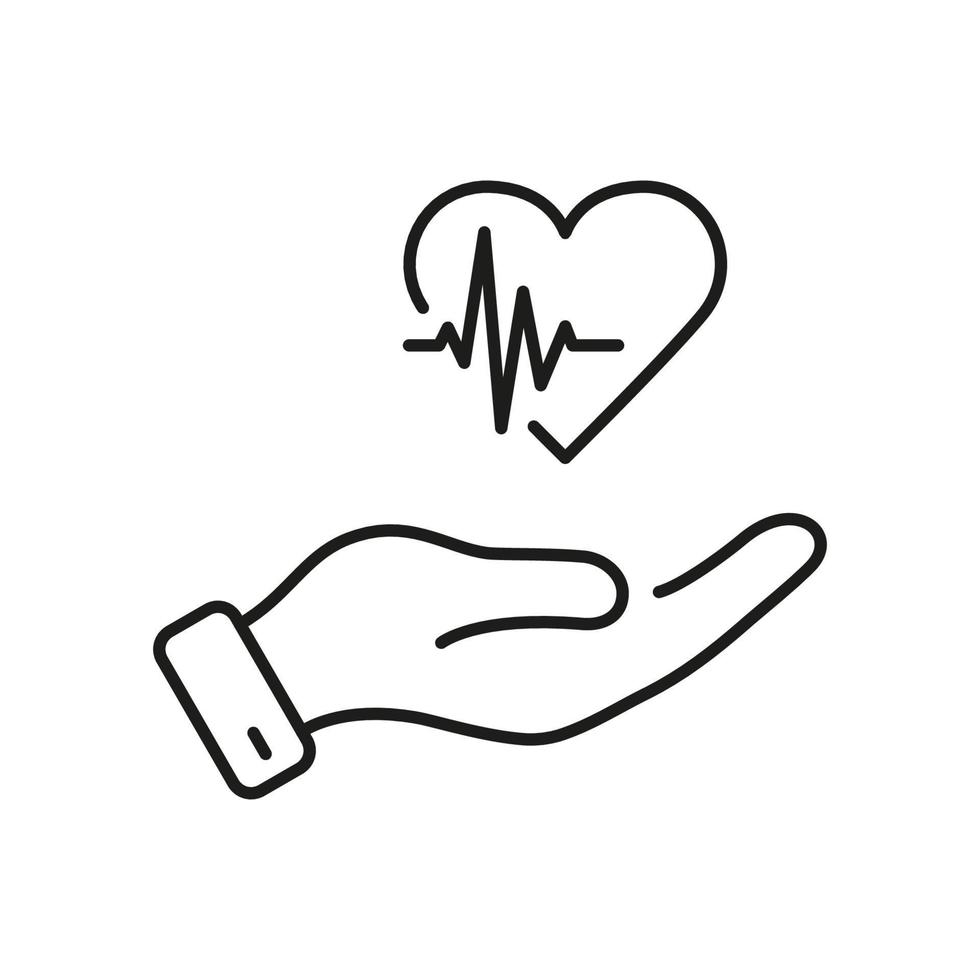 Herz schlagen Bewertung Pflege Symbol. Herz Behandlung linear Piktogramm. Notfall Diagnose. Herzschlag mit Mensch Hand Linie Symbol. Kardiogramm Gliederung Symbol. editierbar Schlaganfall. isoliert Vektor Illustration.