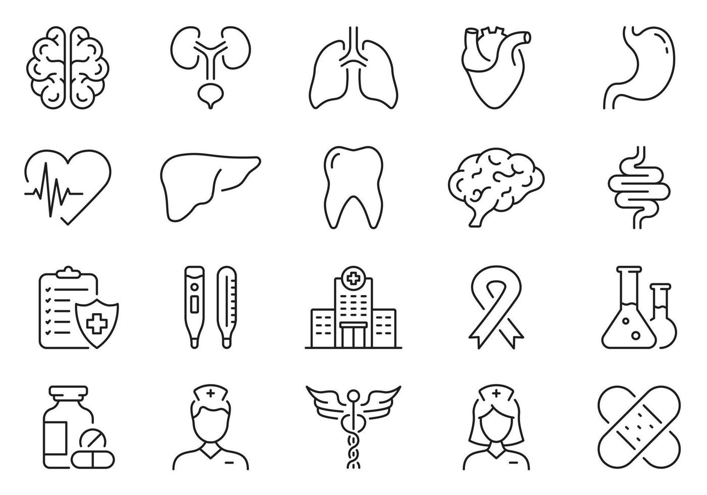 Mensch intern Organe Linie Symbol Satz. Medizin linear Piktogramm. Notfall Gesundheitswesen Gliederung Symbol. Apotheke medizinisch Klinik. zuerst Hilfe. editierbar Schlaganfall. isoliert Vektor Illustration.