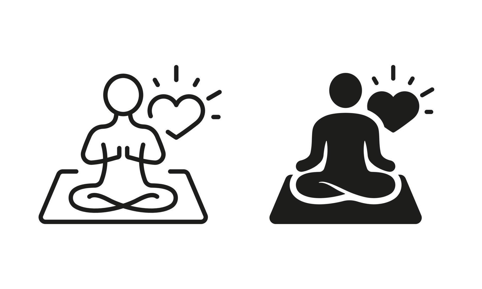 mantra yoga silhuett och linje ikon uppsättning. meditera och koppla av piktogram. andlig chakra zen ikon. lugna aura galax lugn och hälsa kropp symbol. redigerbar stroke. isolerat vektor illustration.