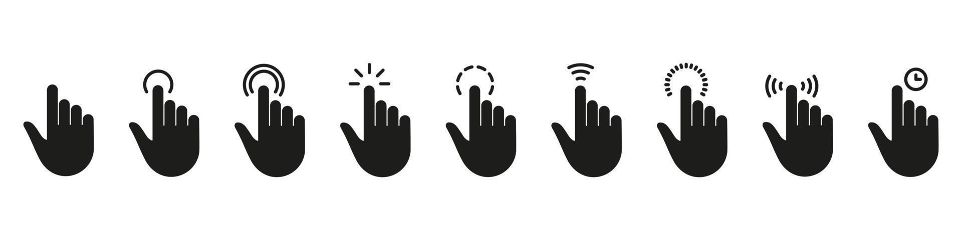 hand finger Rör, hårt slag, klick, Tryck och kran silhuett ikon uppsättning. gest glida vänster och rätt svart fast ikon. dubbel- klick och kran glyf tecken. isolerat vektor illustration.
