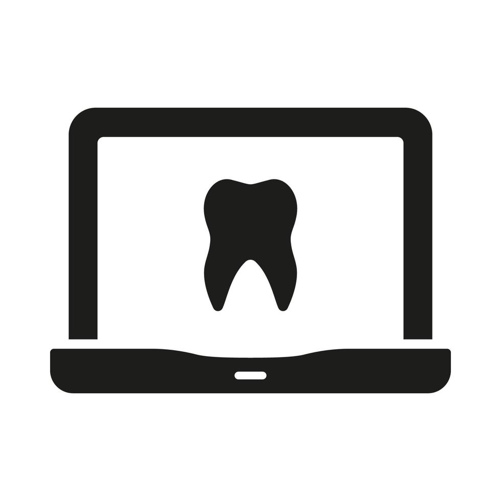 Zahn Gesundheit Diagnose im Laptop unterzeichnen. online Zahnheilkunde Silhouette Symbol. Dental Pflege virtuell Beratung Glyphe Piktogramm. Fernbedienung Zahnarzt Hilfe Symbol. isoliert Vektor Illustration.