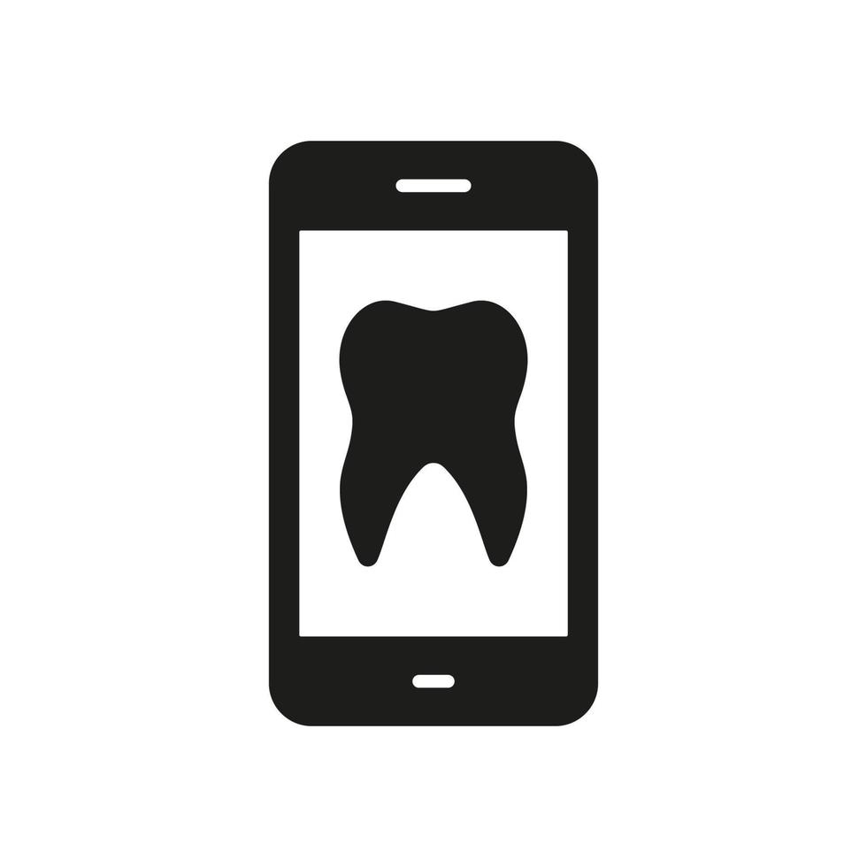 Zahnheilkunde Medizin im Handy, Mobiltelefon Telefon Glyphe Piktogramm. online Zahnarzt Hilfe im Smartphone Silhouette Symbol. Zahn Gesundheit Diagnose, kieferorthopädisch Dental Pflege Symbol. isoliert Vektor Illustration.