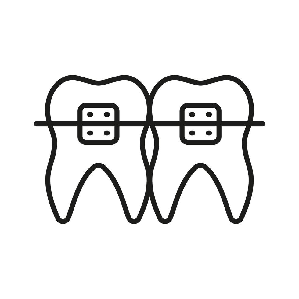 Hosenträger Zähne Linie Symbol. Kieferorthopädie befestigen, Zahn Pflege und medizinisch Kiefer Korrektur linear Piktogramm. Zahnheilkunde Gliederung Symbol. Dental Behandlung unterzeichnen. editierbar Schlaganfall. isoliert Vektor Illustration.