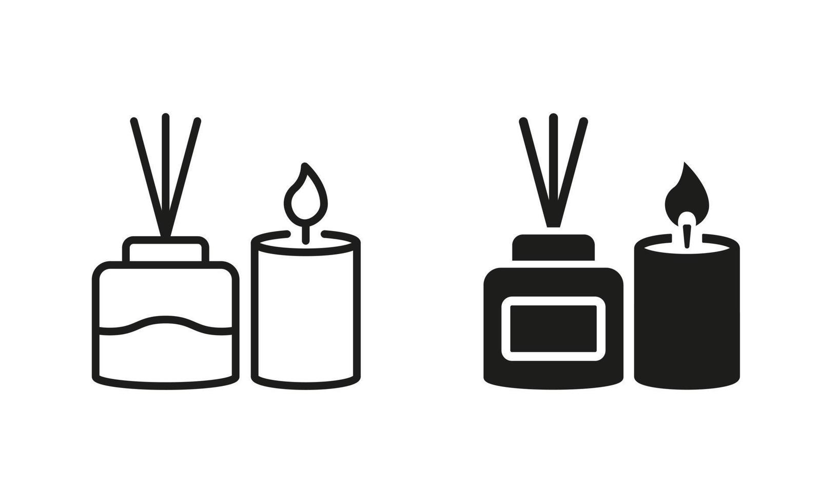 duftend Kerze und Schilf Diffusor Öl Silhouette und Linie Symbol Satz. Aromatherapie Piktogramm. Aroma Therapie Stock und Duft Kerze im Glas Symbol. editierbar Schlaganfall. isoliert Vektor Illustration.