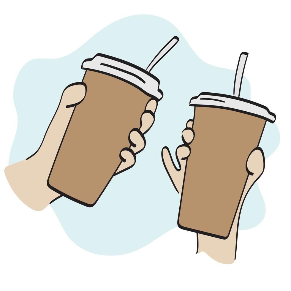 Nahansicht zwei Hände halten vereist Kaffee Illustration Vektor Hand gezeichnet isoliert auf Weiß Hintergrund Linie Kunst.