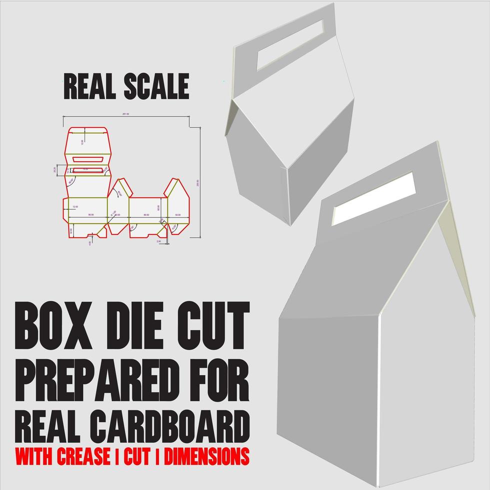gestanzte Vorlage mit 3D-Vorschau, organisiert mit Schnitt, Falte, Modell und Abmessungen, die zum Schneiden und Drucken bereit sind, in Originalgröße und voll funktionsfähig. vorbereitet für echten Karton vektor