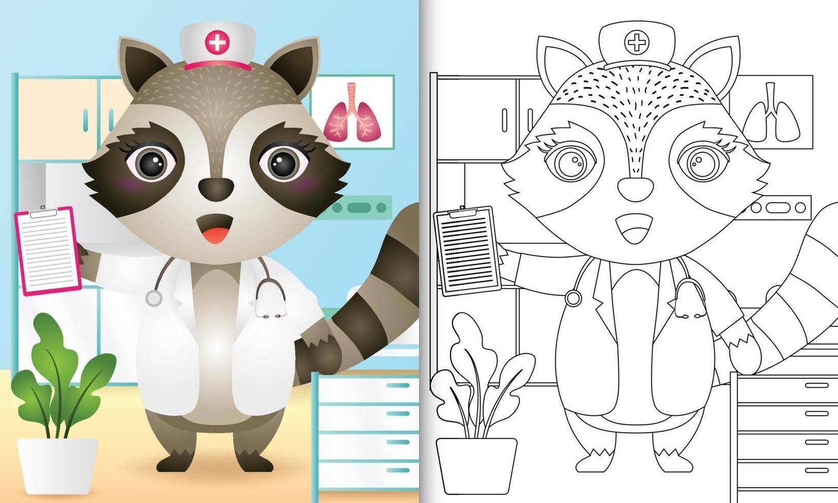 målarbok för barn med en söt tvättbjörn sjuksköterska karaktär illustration vektor