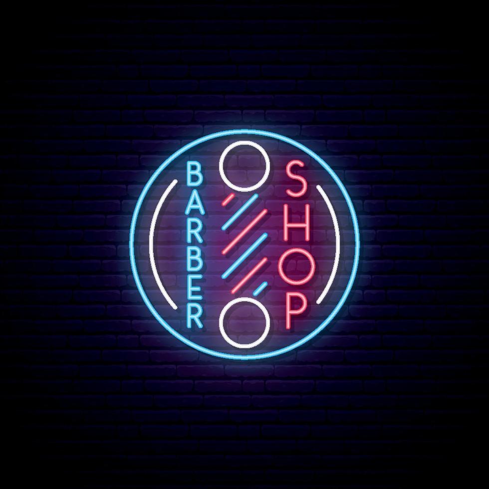 barbershop retro neonskylt. frisöremblem med neonljuseffekt. reklam banner. vektor