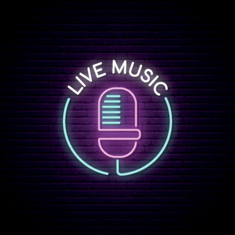 mikrofon neonskylt. levande musik ljusa emblem. ljus mikrofon på tegelväggens bakgrund. vektor