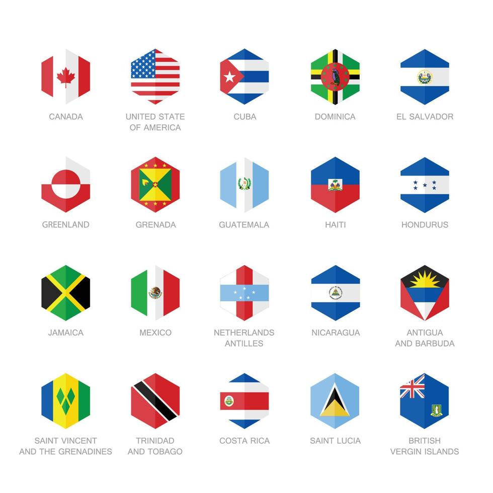 Norden Amerika und Karibik Flagge Symbole. Hexagon eben Design. vektor