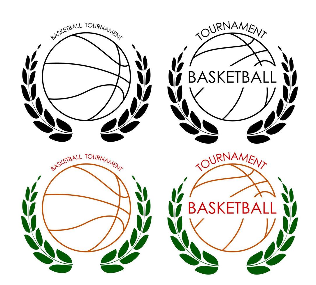 Symbole Sport Ball zum Basketball auf Weiß Hintergrund mit Gewinner Lorbeer Kranz. Basketball Wettbewerb. isoliert Vektor