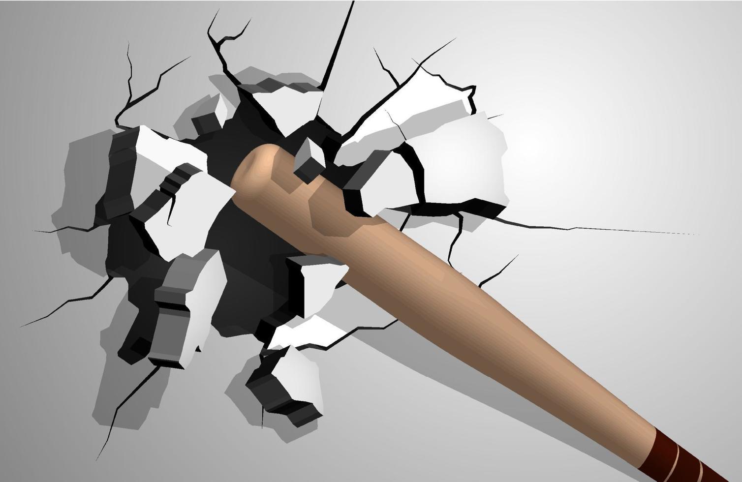 sporter trä- baseboll fladdermus bryter vägg in i skärvor, sprickor på vägg. tillfogande tung skada. vektor