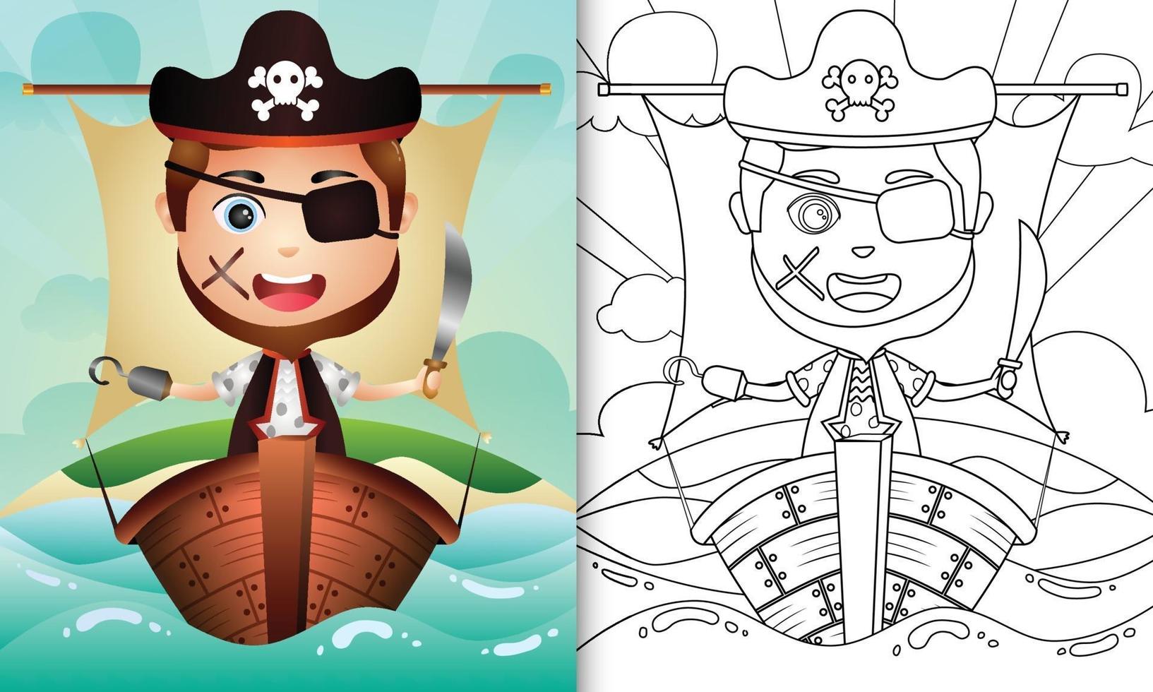 Malbuch für Kinder mit einer niedlichen Piratenjungencharakterillustration vektor