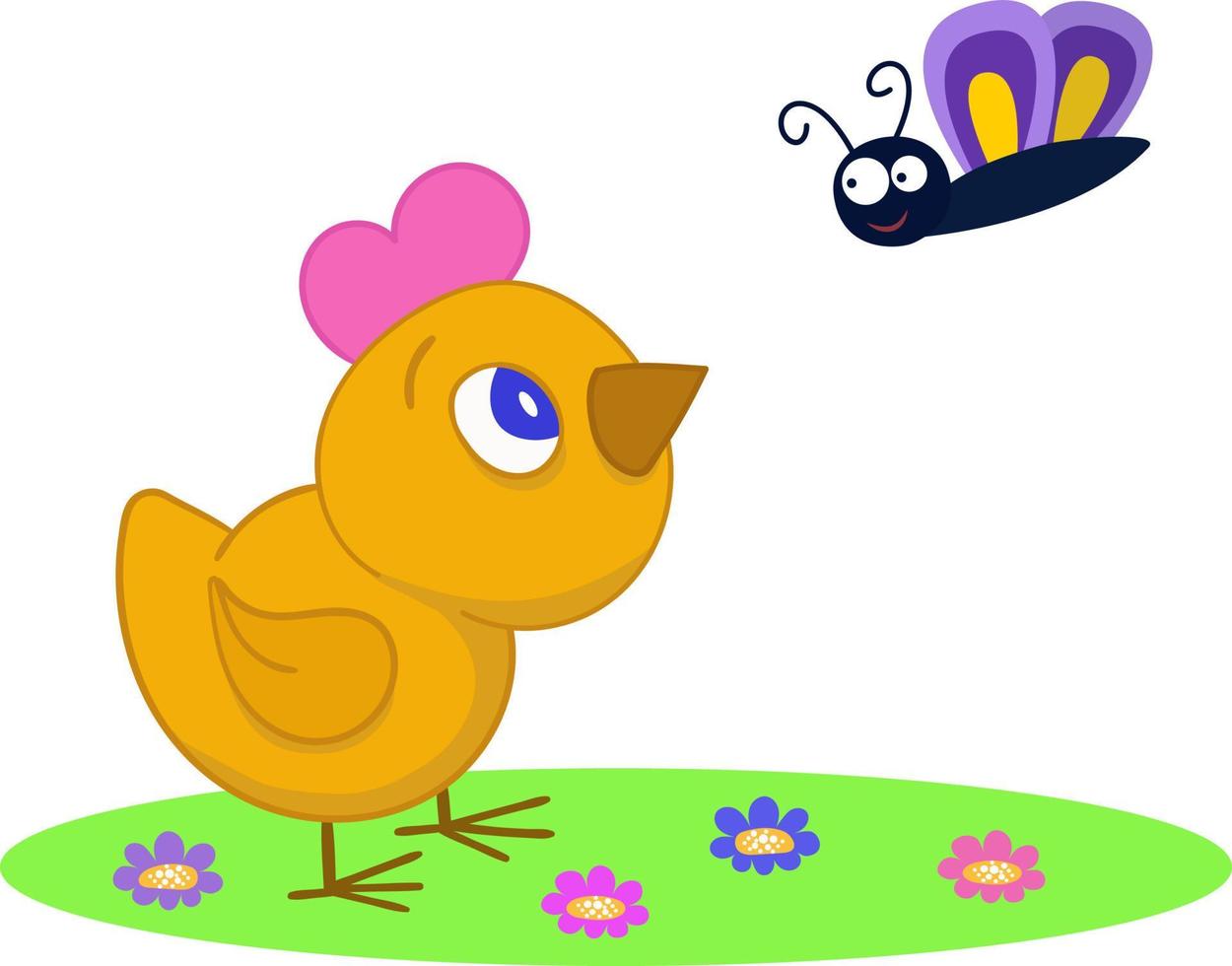 vektor bild av en gul liten kyckling och en lila fjäril. vektor tecknad serie illustration isolerat på en vit bakgrund