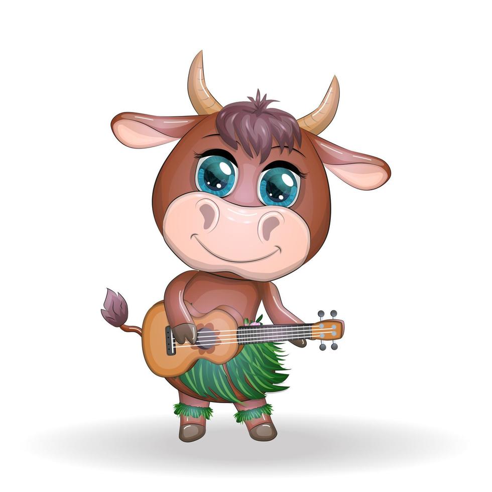 süß Karikatur Stier, Kuh mit schön Augen, hawaiisch Hula Tänzer Charakter mit Ukulele Gitarre unter Blätter, Blumen. Chinesisch Neu Jahr süß Stier Maskottchen vektor