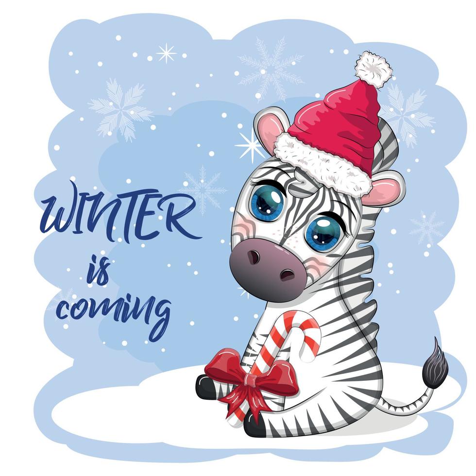hälsning kort med söt zebra i santa hatt med jul boll, godis kane, gåva. vilda djur och växter högtider tecknad serie karaktär. vektor