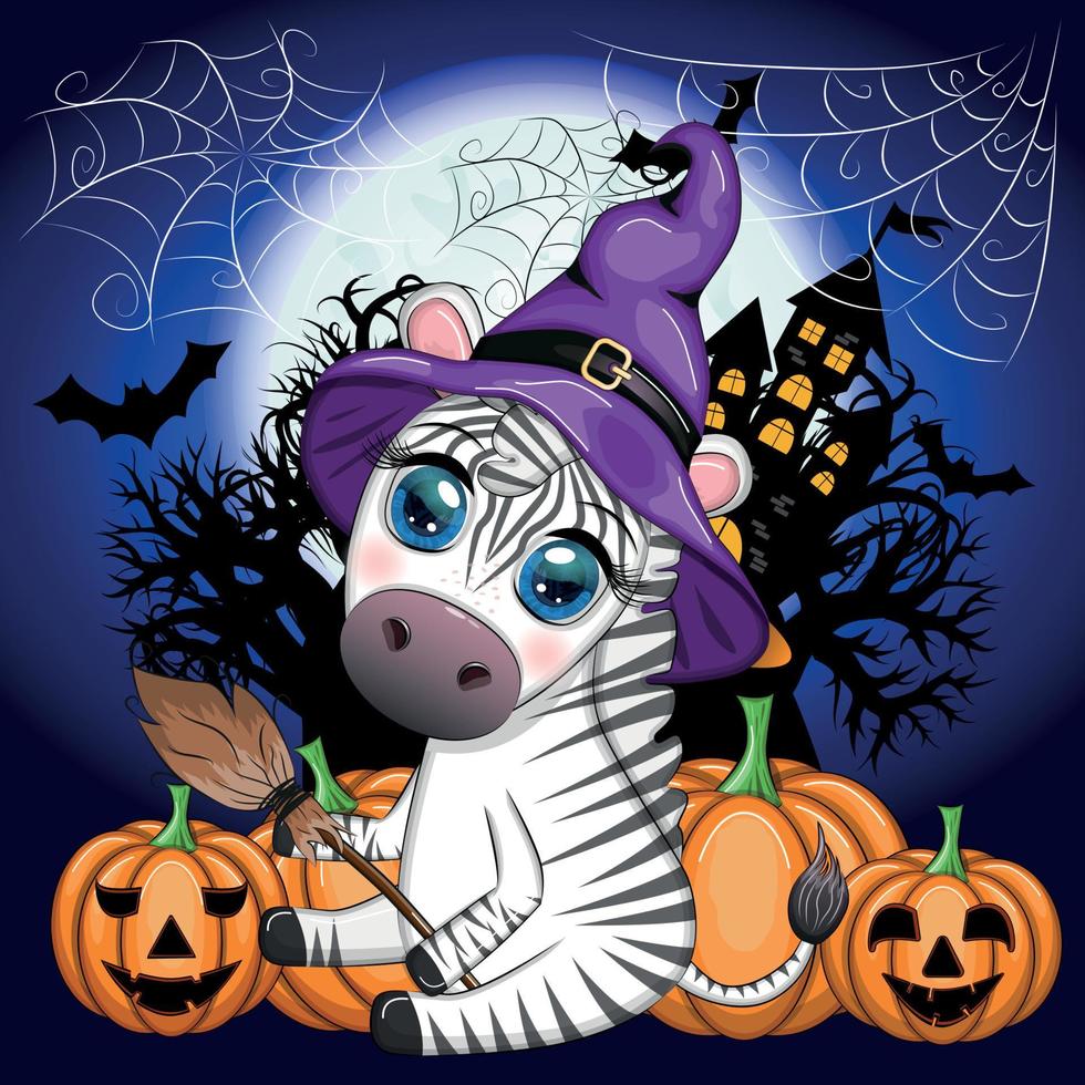 söt zebra i häxa hatt, med kvast, pumpa jack, magi trolldryck. affisch, kort, märka och dekoration för halloween vektor