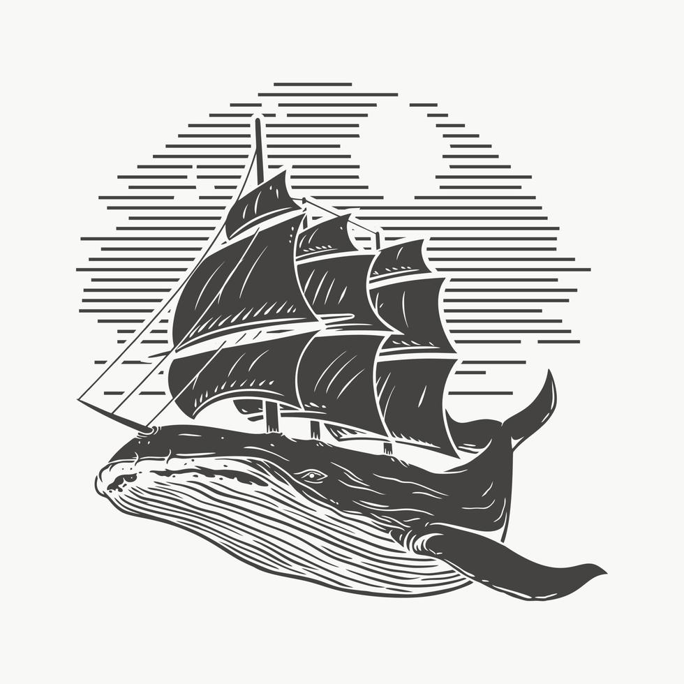 illustration val och fartyg, skiss. premium vektor