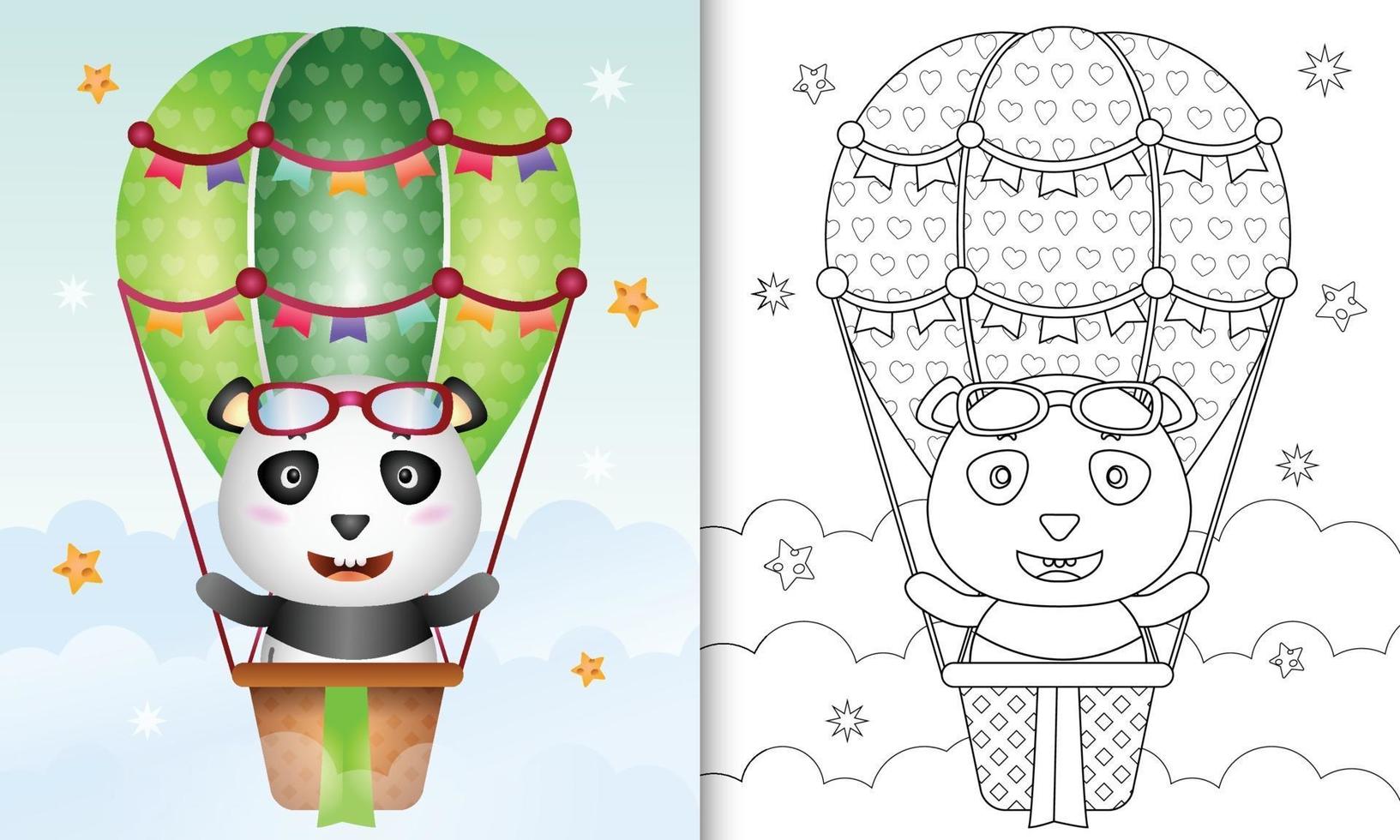 Malbuch für Kinder mit einem niedlichen Panda auf Heißluftballon vektor