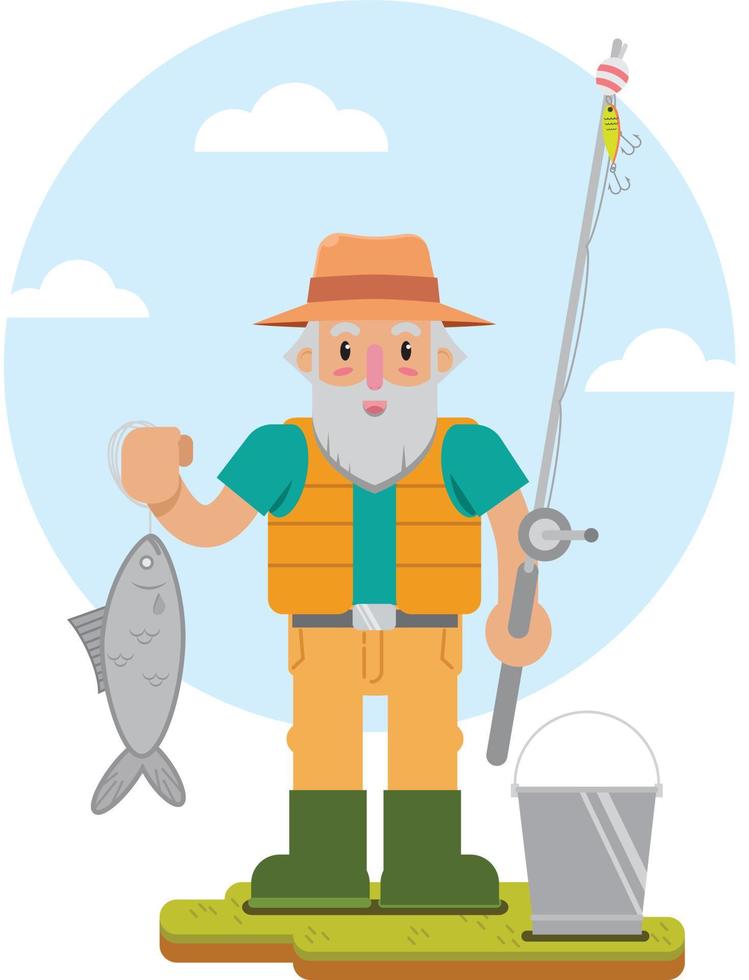 gammal fiskare med hans fånga fisk vektor