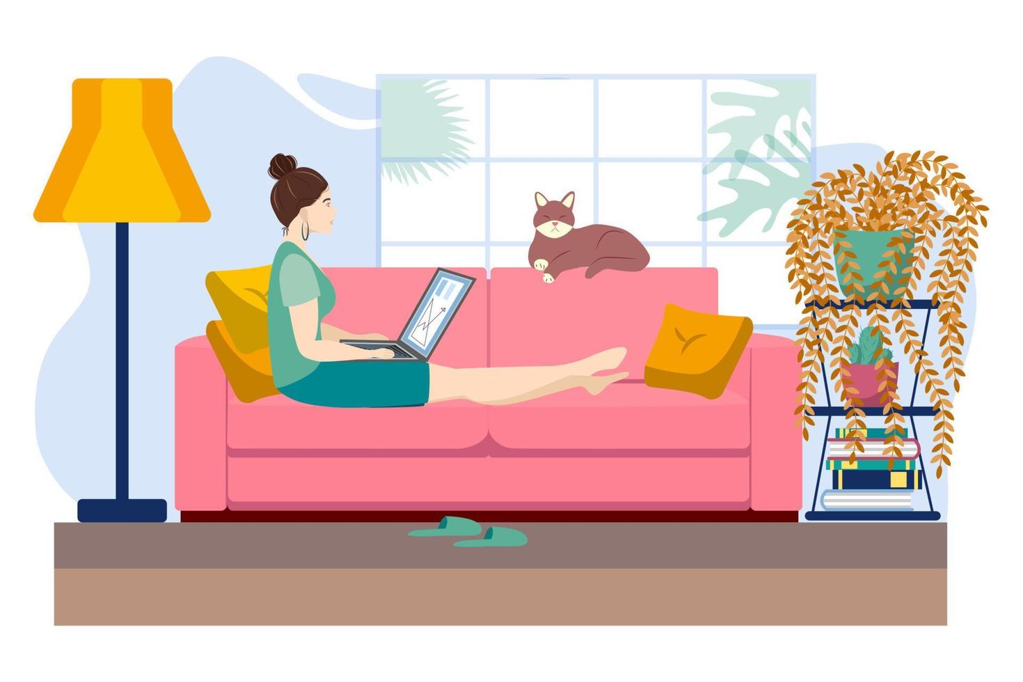 ung kvinna arbetssätt eller studerar från Hem, Sammanträde på de soffa, i en mysigt atmosfär, med te och en katt. covid-19 karantän begrepp, arbete och inlärning från Hem. tecknad serie stil vektor