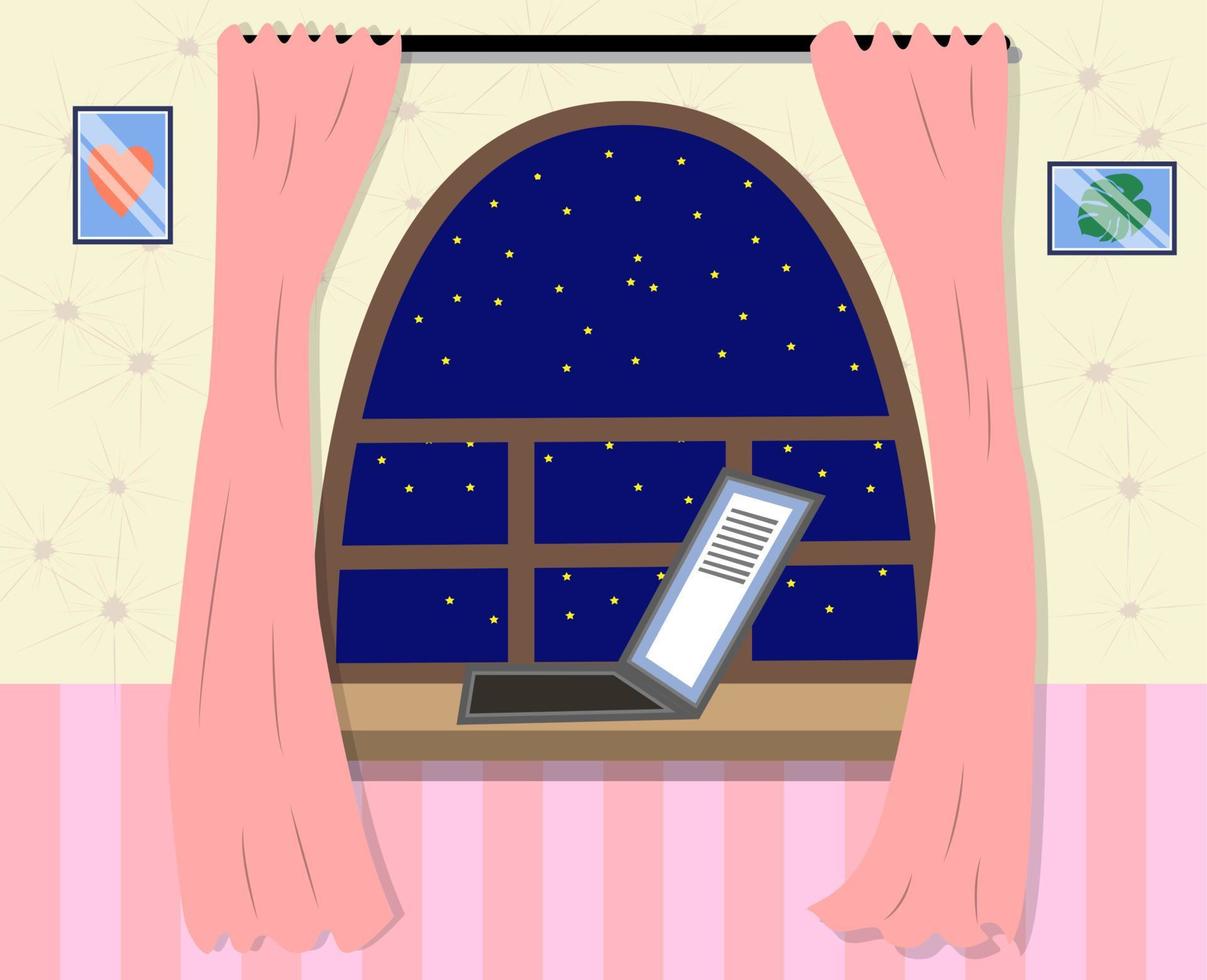 Nacht aus das Fenster Symbol im Karikatur Stil. Schlaf und sich ausruhen Symbol. vektor