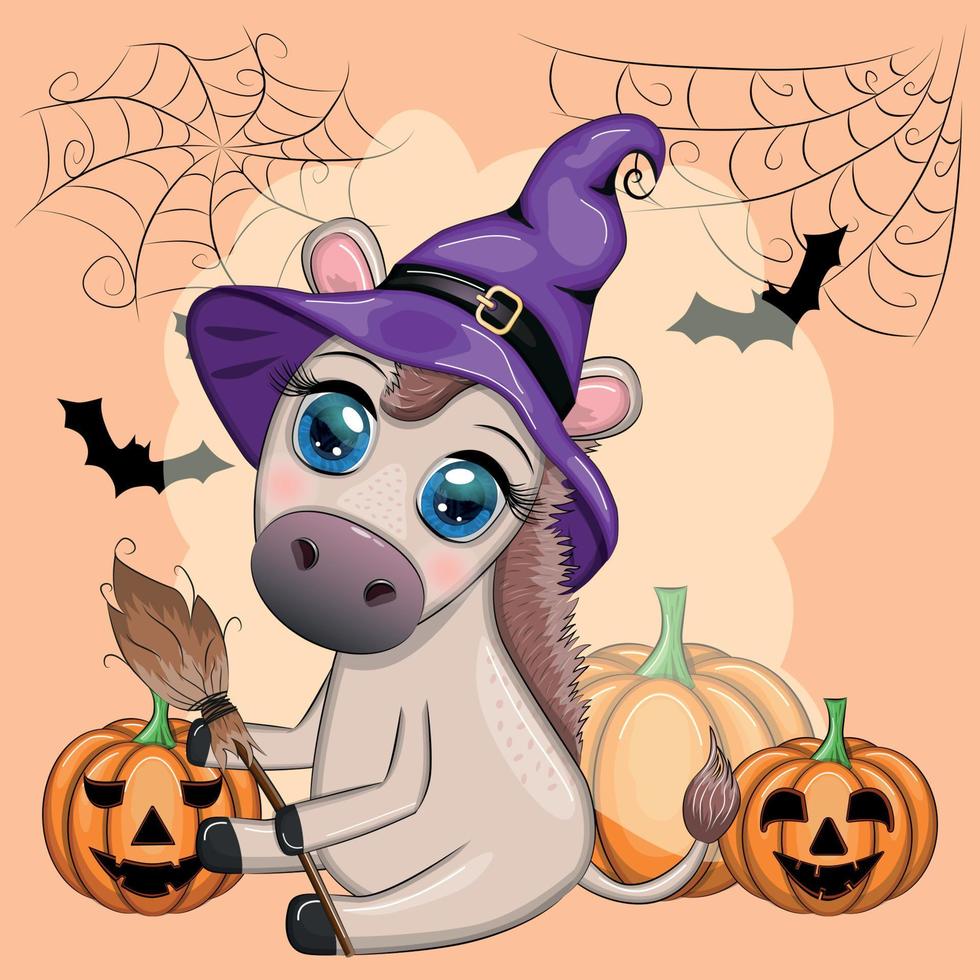 söt åsna i lila häxa hatt, med kvast, pumpa, trolldryck. halloween kort för de Semester. vektor