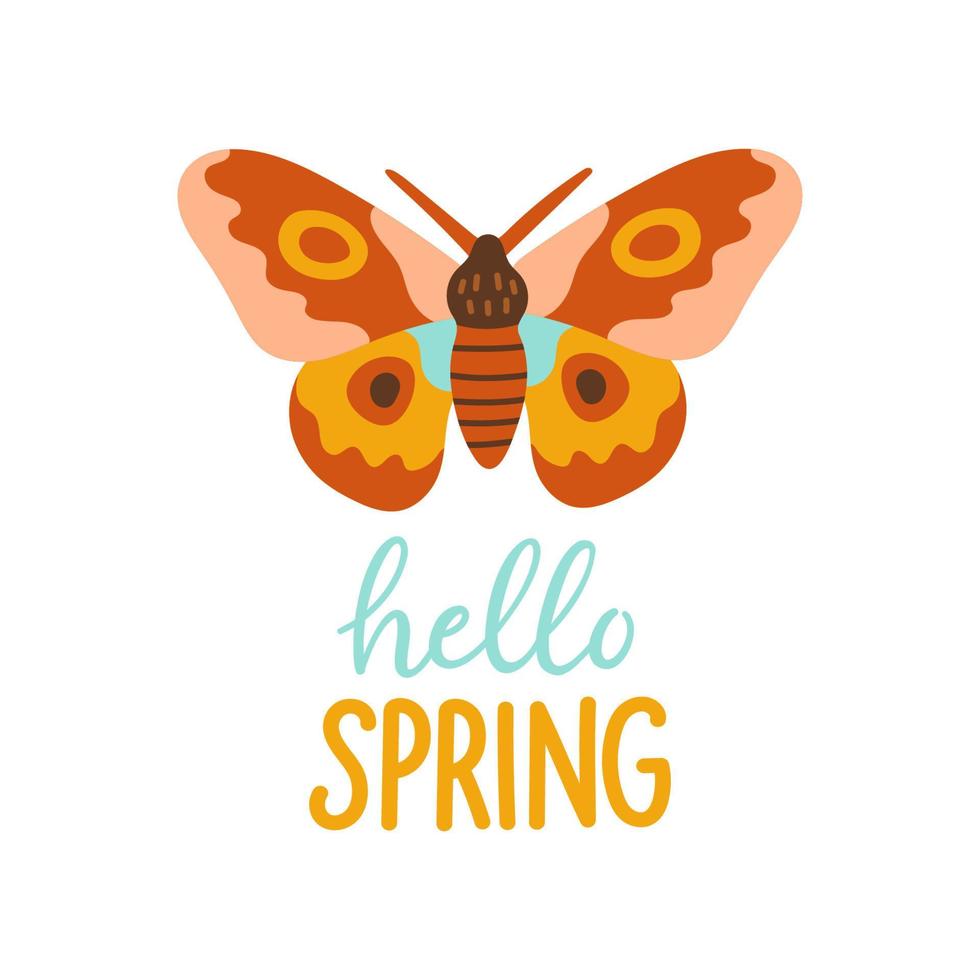 Hallo Frühling Hand gezeichnet eben Vektor Illustration. Beschriftung Frühling Jahreszeit mit Schmetterling zum Gruß Karte