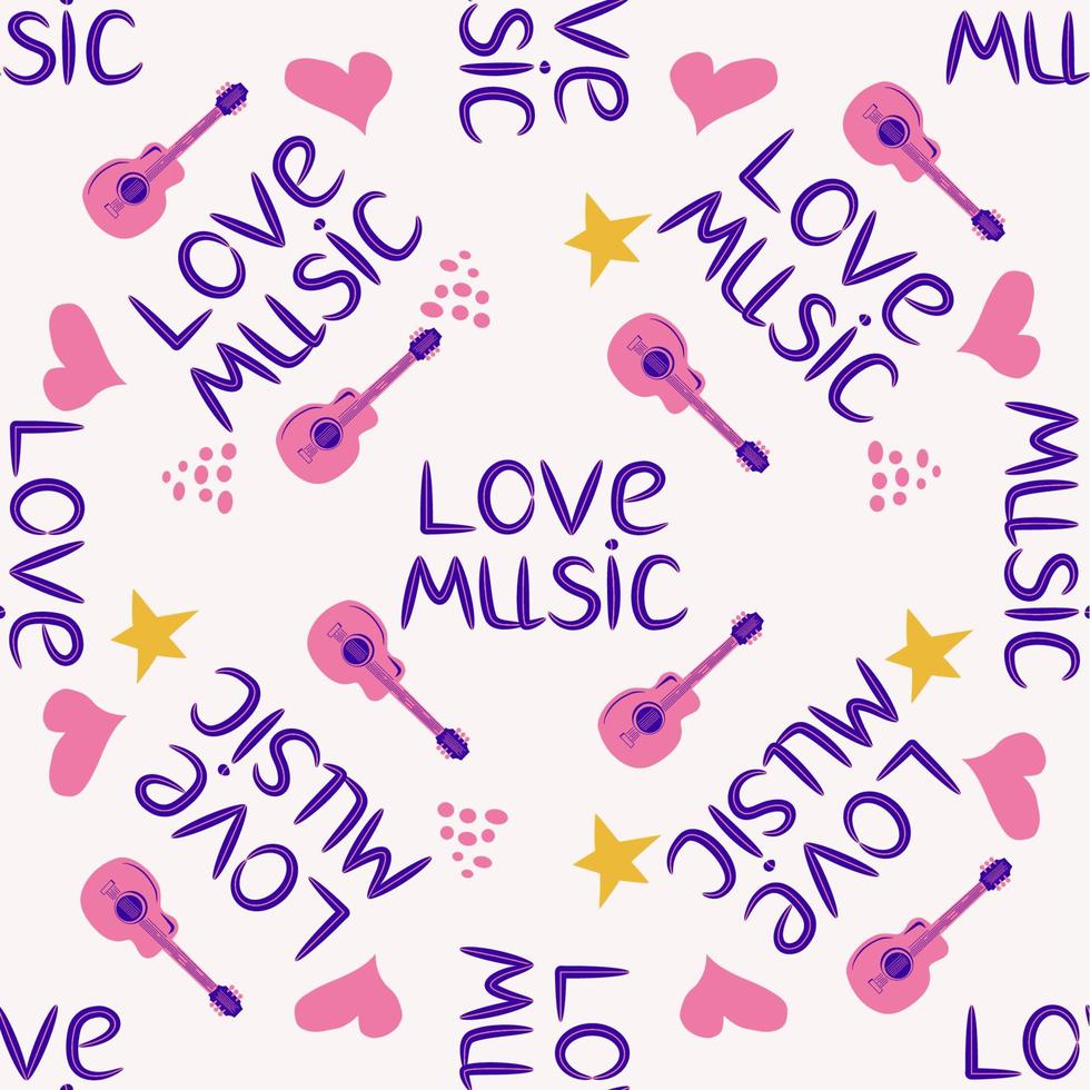 Liebe Musik- nahtlos Muster mit Land Gitarre, Musik- Anmerkungen, verdreifachen Notenschlüssel, Herzen, dekorativ Elemente. vektor