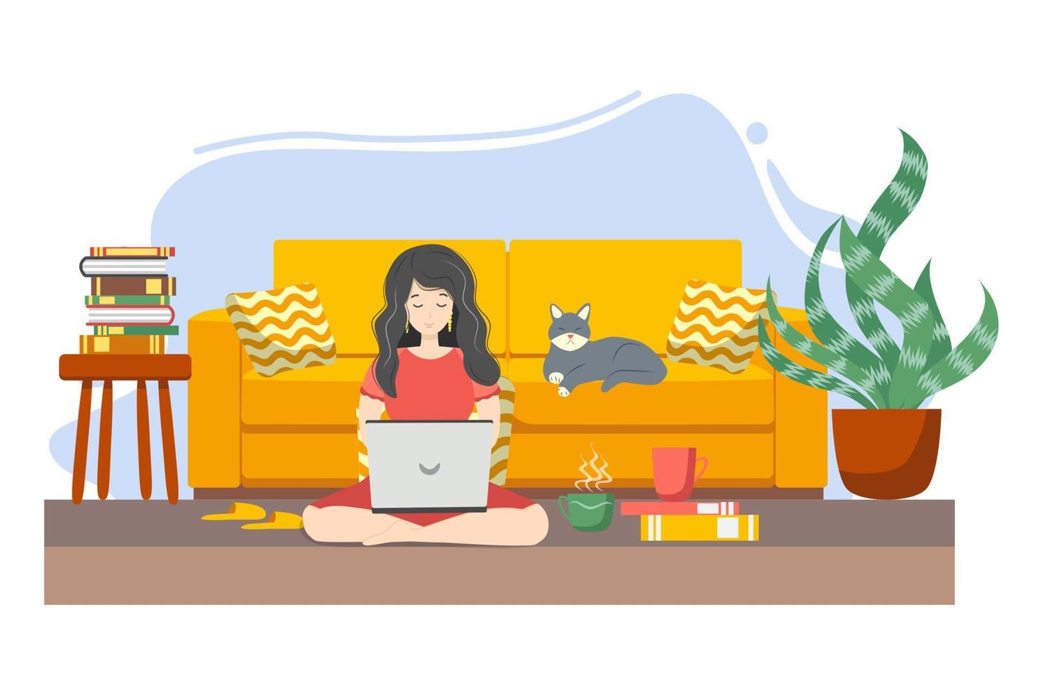 ung kvinna arbetssätt eller studerar från Hem, Sammanträde på de soffa, i en mysigt atmosfär, med te och en katt. covid-19 karantän begrepp, arbete och inlärning från Hem. vektor