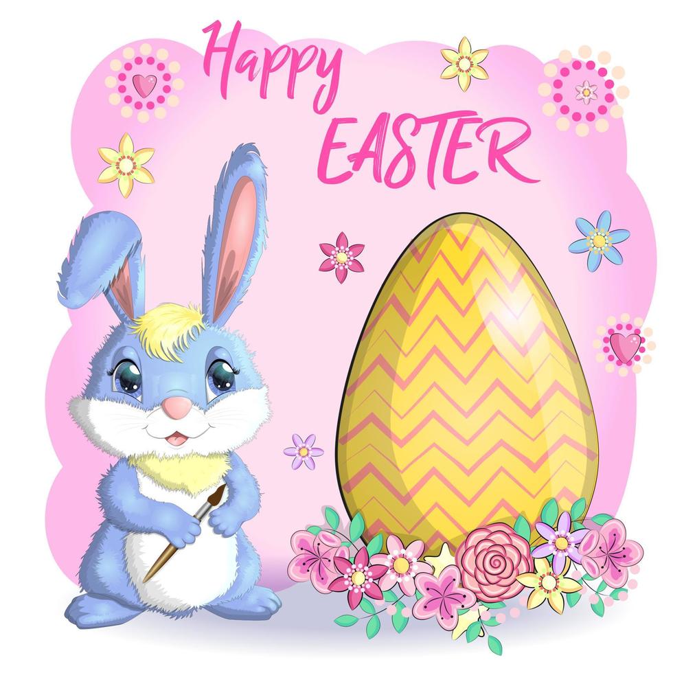 påsk kanin kanin tecknad serie karaktär med korg full av målad påsk ägg vektor