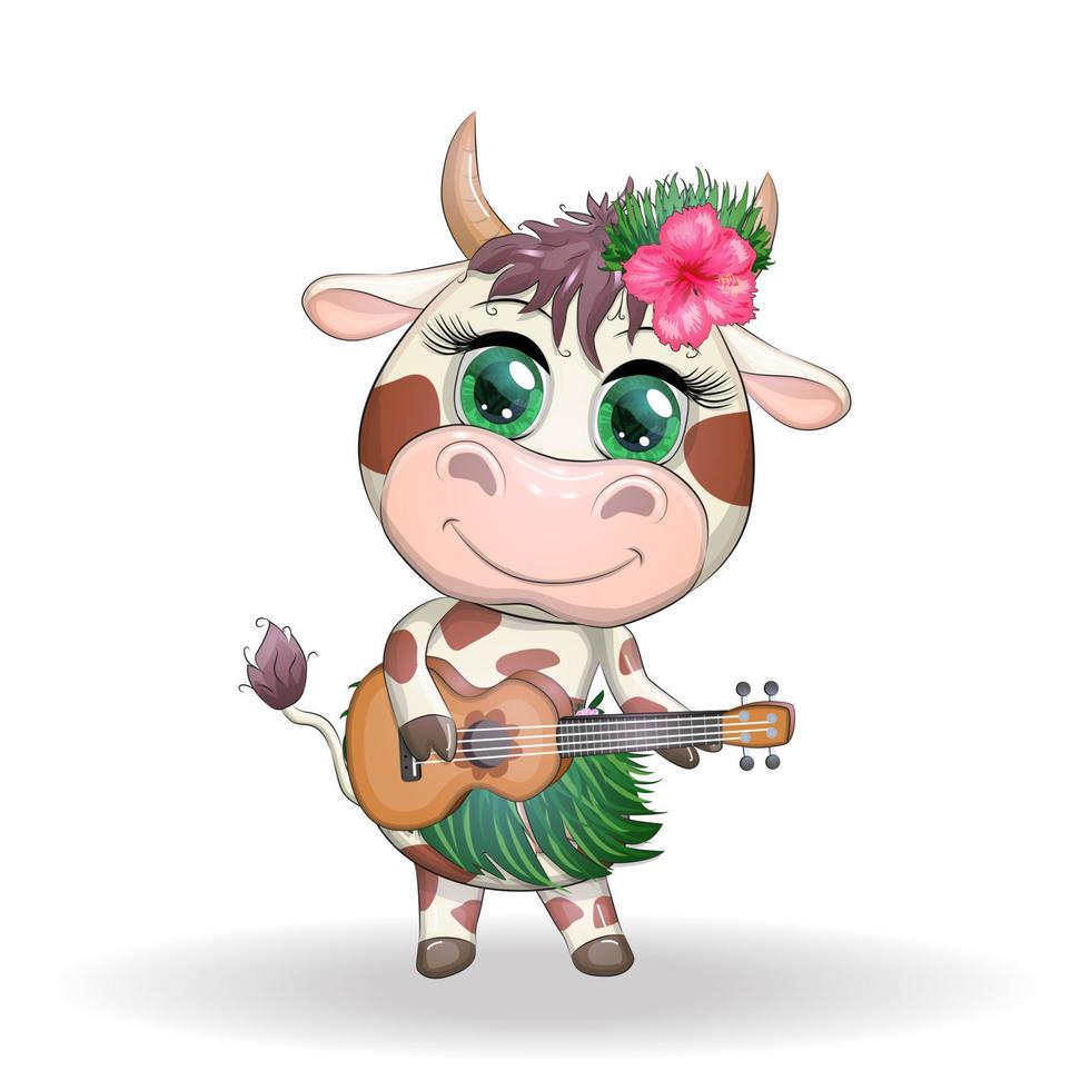 süß Karikatur Stier, Kuh mit schön Augen, hawaiisch Hula Tänzer Charakter mit Ukulele Gitarre unter Blätter, Blumen. Chinesisch Neu Jahr süß Stier Maskottchen vektor