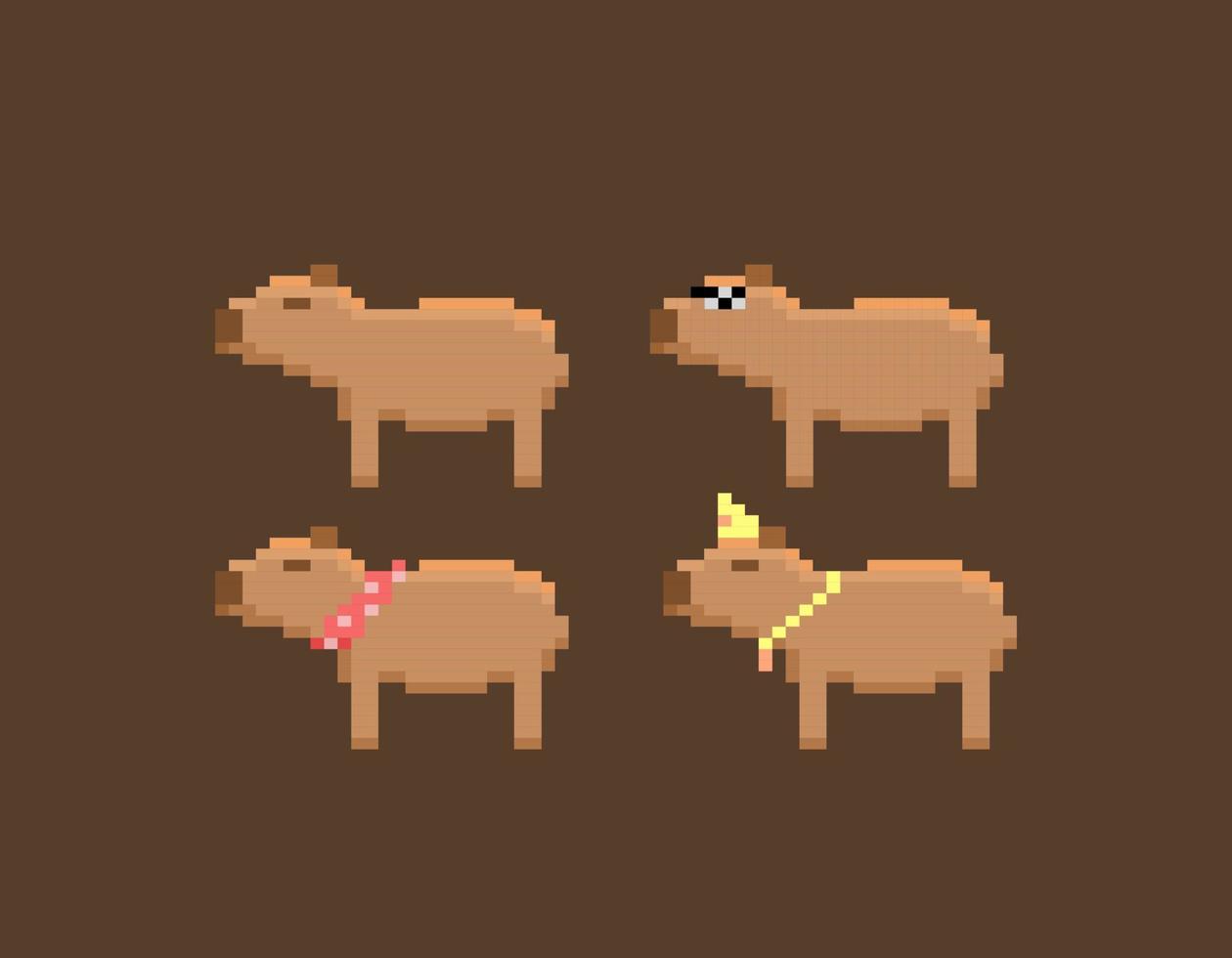 Capybara Illustration Sammlung. Wasserschweine tragen Gläser, Halsketten, Kronen, Schals. süß und bezaubernd Tier Figuren. Pixel Kunst. Vektor Element Design