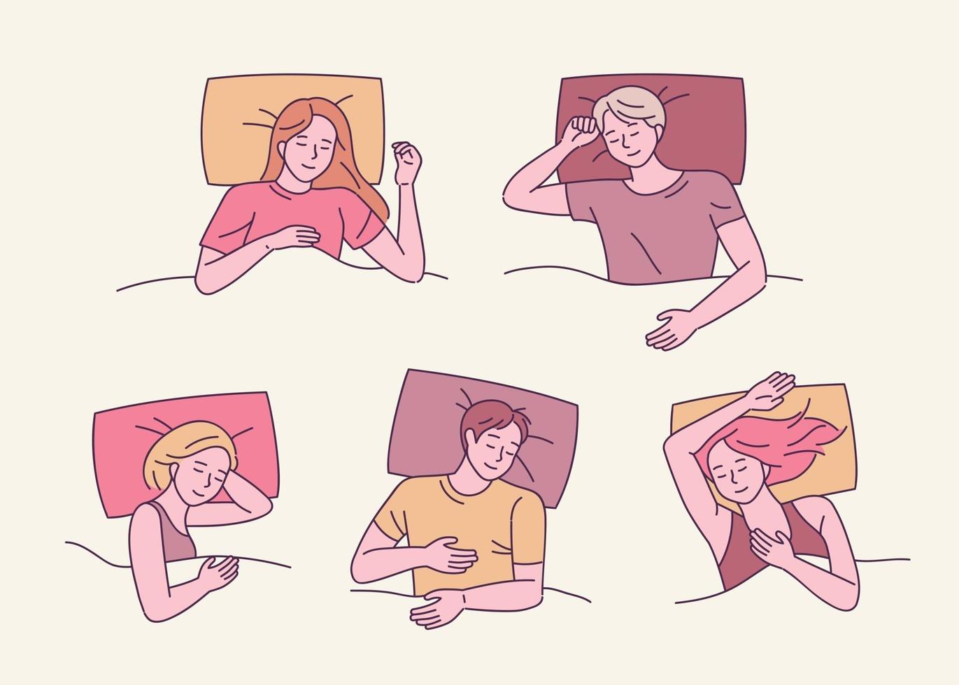eine Sammlung verschiedener Schlafposen. Menschen schlafen in verschiedenen Positionen. Vektor-Design-Illustrationen. vektor