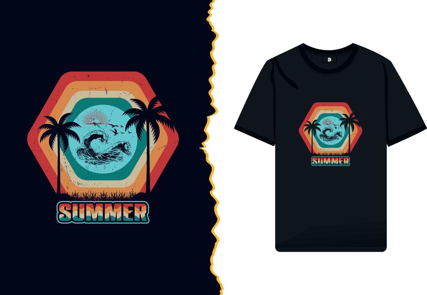 sommar säsong vektor t-shirt design med hav solnedgång handflatan träd. kalifornien santa monica strand åtnjuter de bra sommartid med en grunge textur illustration skjorta mall.