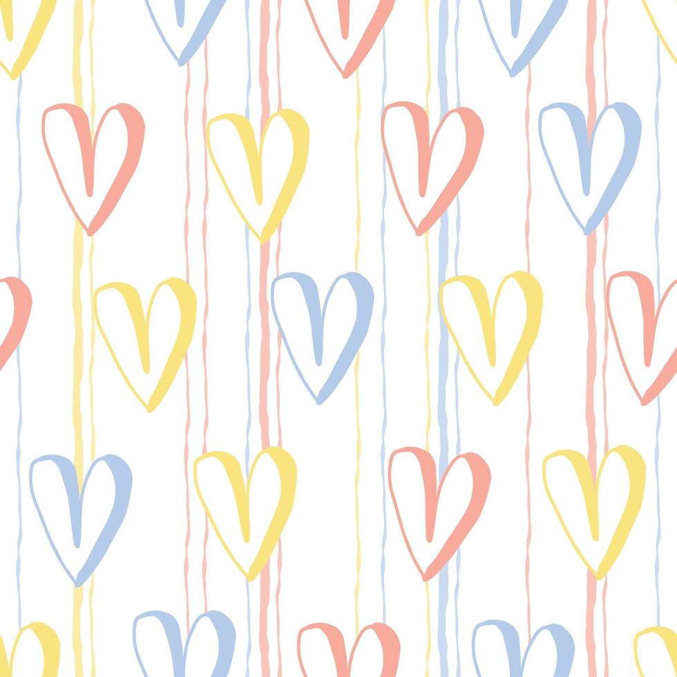 nahtloses Valentinstagmuster auf Streifenhintergrund mit Hand zeichnen mehrfarbiges niedliches Herz vektor